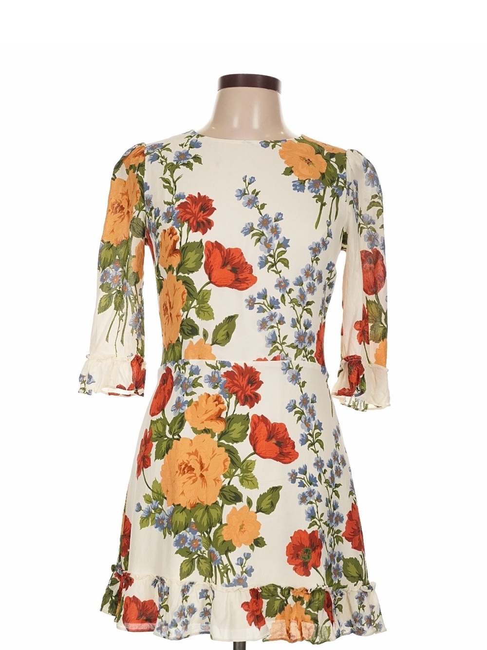 O.P.T. Floral Ruffle Hem Short Dress in Cream with Orange & Red Blooms Size 12